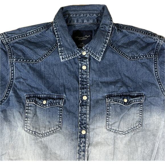 American Eagle Ombre Blue Denim Shirt Western Pearl Snap Faded Mens Large - Picture 3 of 9